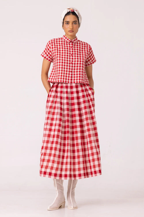 Emily Red Checkered Handwoven Top