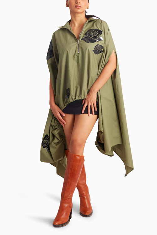 Olive Cape with Black Leather Rose Motifs