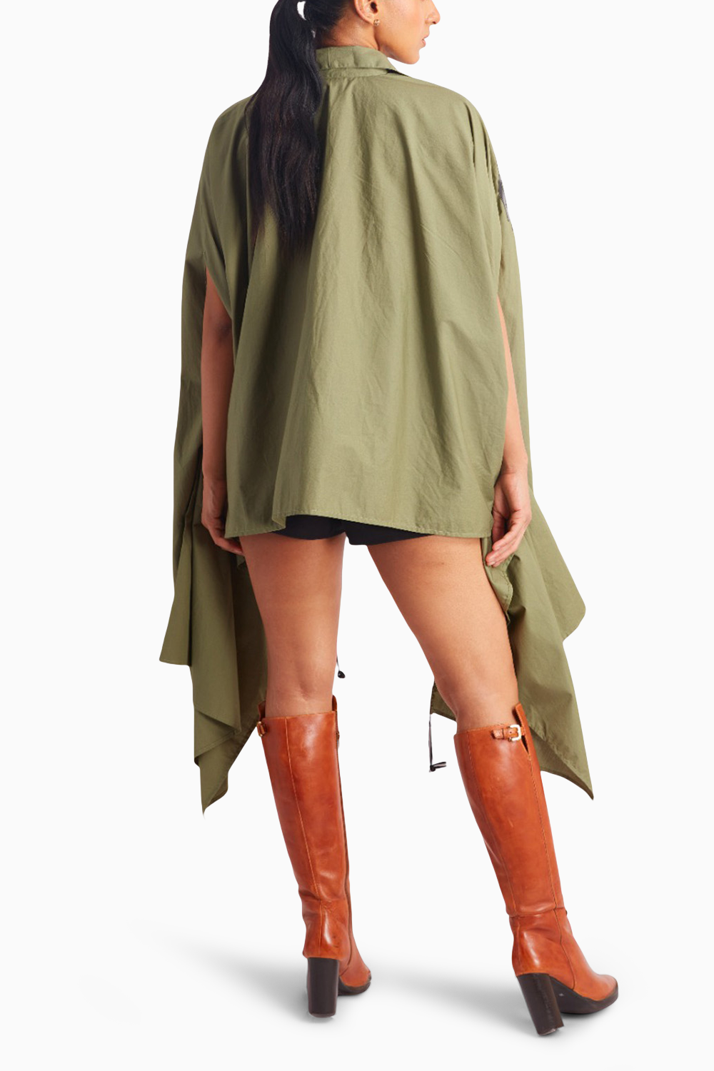 Olive Cape with Black Leather Rose Motifs