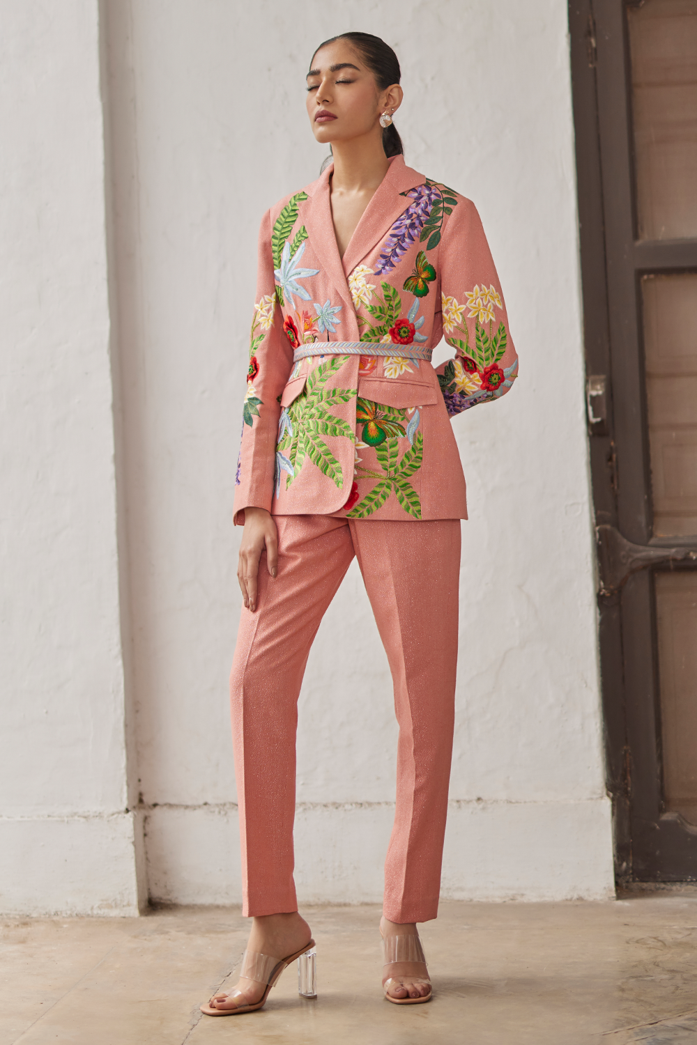 Peach Peony Embroidered Jacket and Narrow Pants