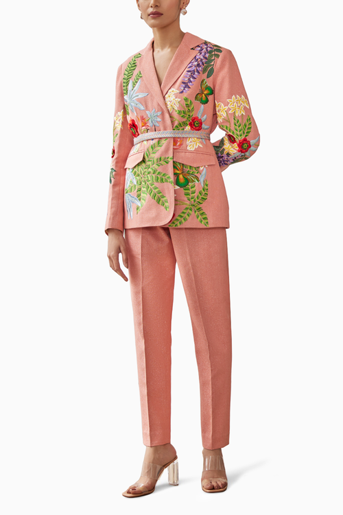 Peach Peony Embroidered Jacket and Narrow Pants