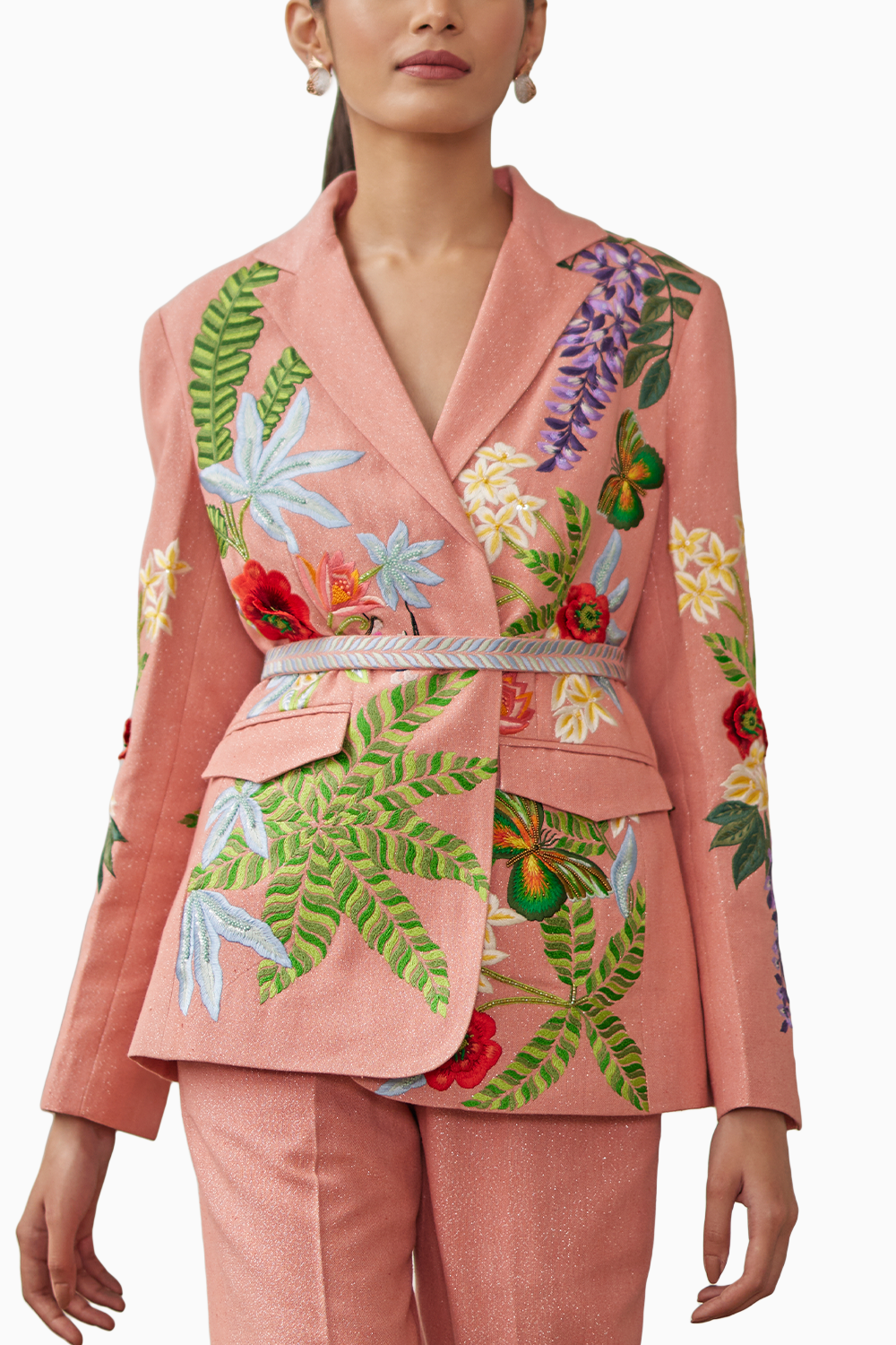 Peach Peony Embroidered Jacket and Narrow Pants