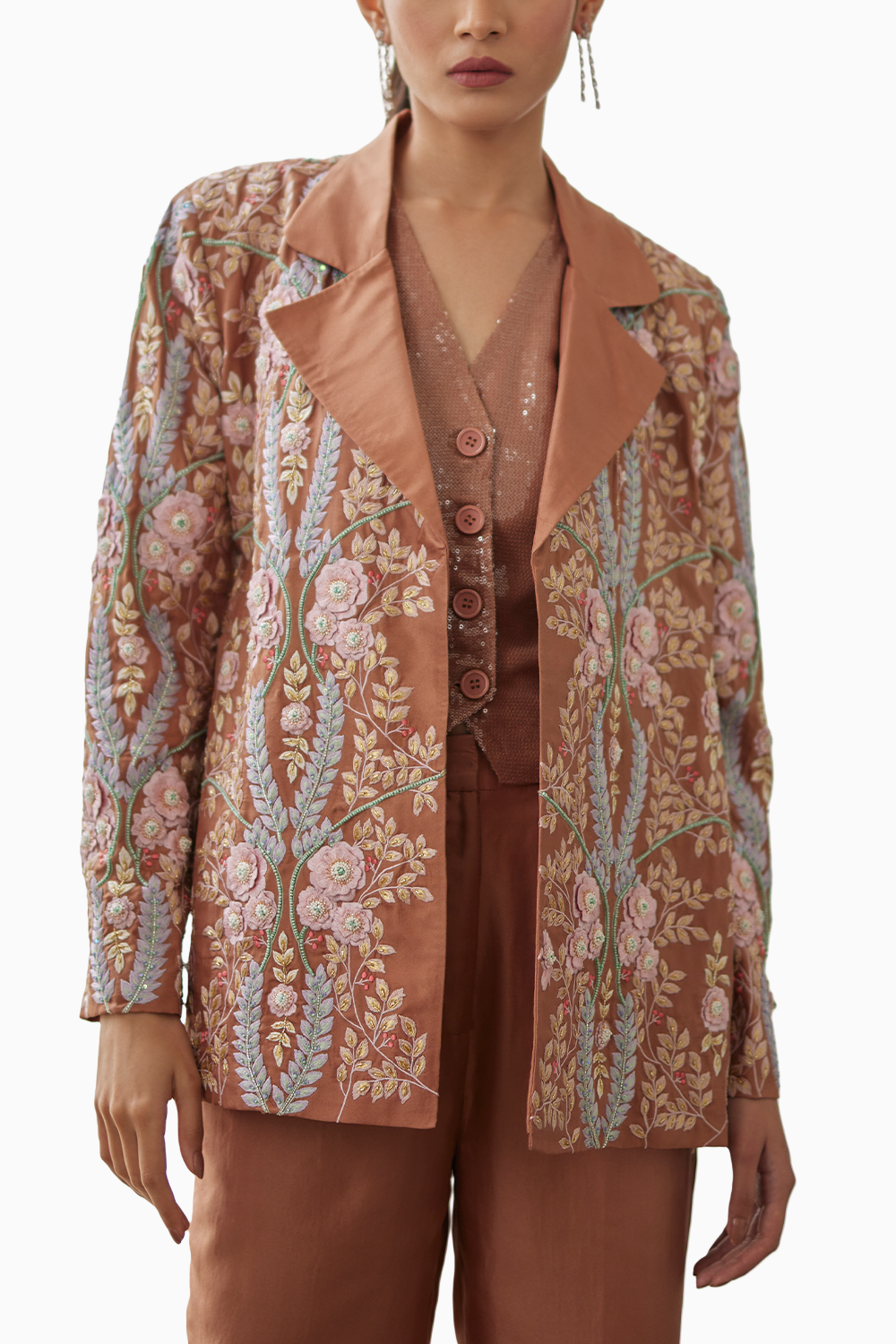 Macchiato Embroidered Lily Jacket with Waistcoat and Pants