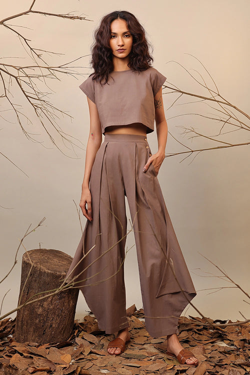 Beige Crop Cowl Set