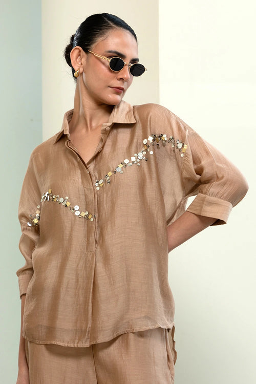 Beige Chanderi Silk Sequins Shirt