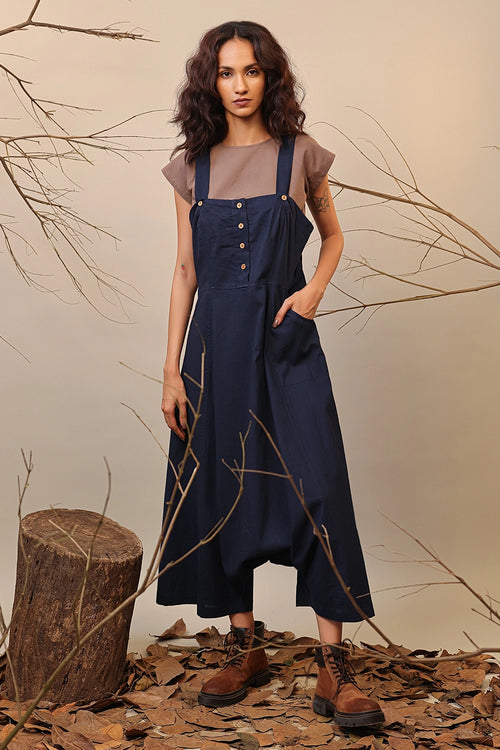 Beige & Blue Dungarees Set
