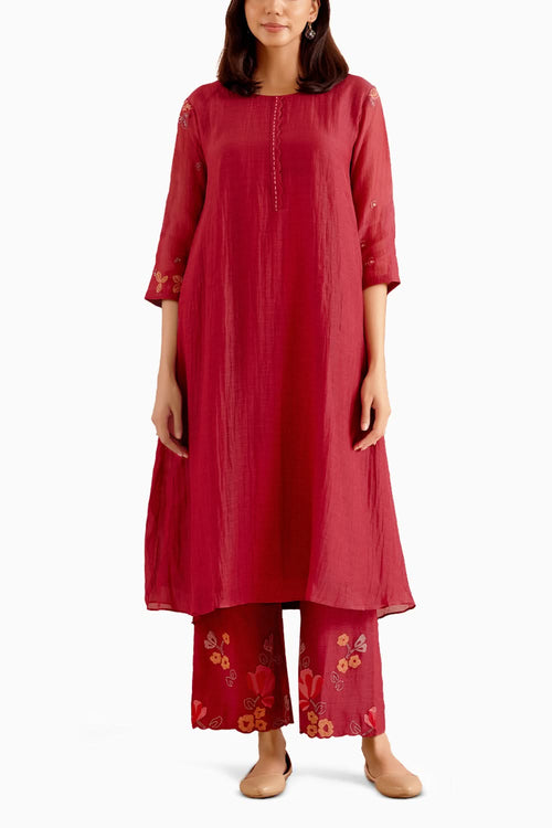 Berry Floral Embroidered Kurta Set