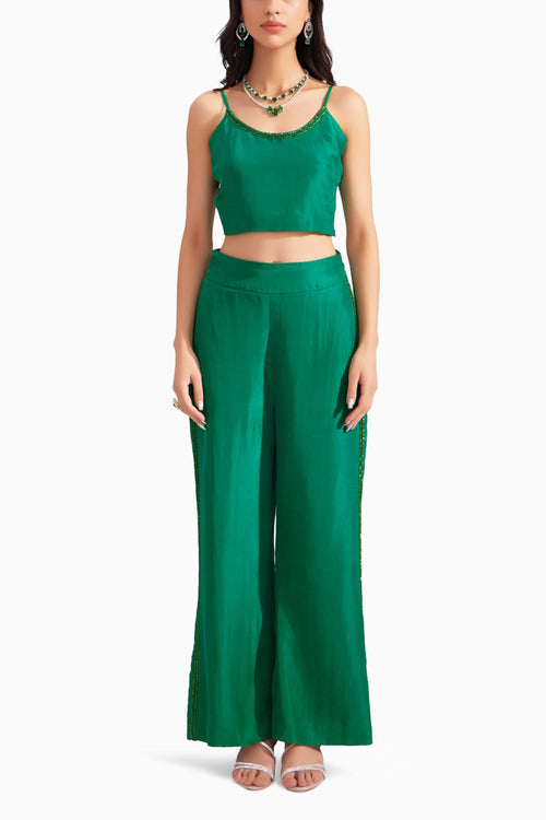 Emerald Green Embroidered Silk Bustier & Flared Silk Pant Set