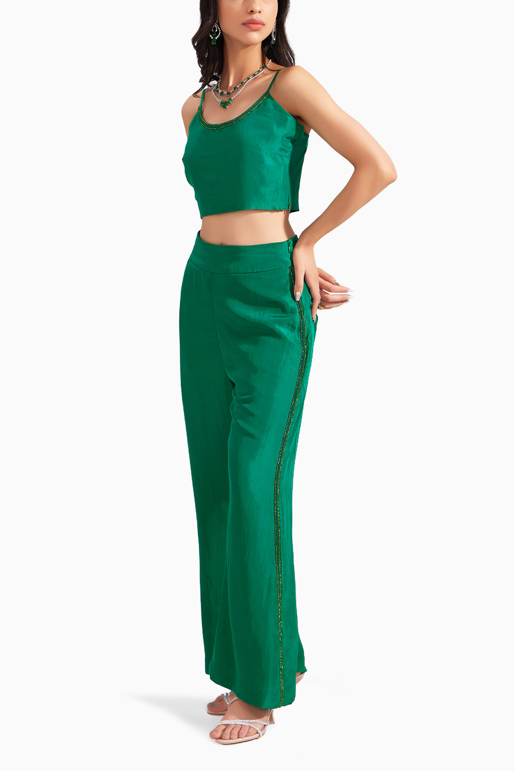 Emerald Green Embroidered Silk Bustier & Flared Silk Pant Set