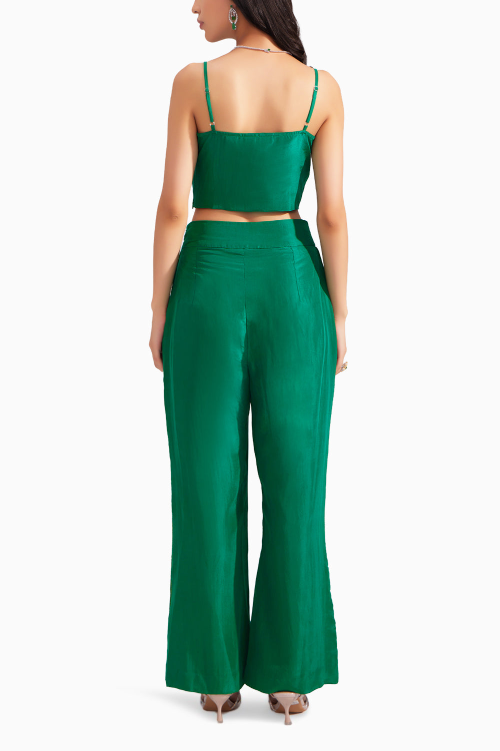 Emerald Green Embroidered Silk Bustier & Flared Silk Pant Set