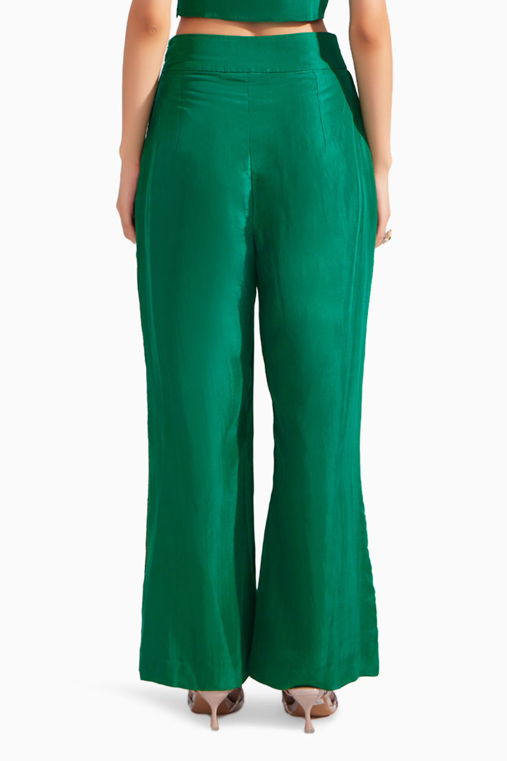 Hand Embroidered Emerald Green Flared Silk Pants