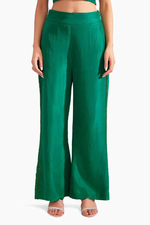 Hand Embroidered Emerald Green Flared Silk Pants