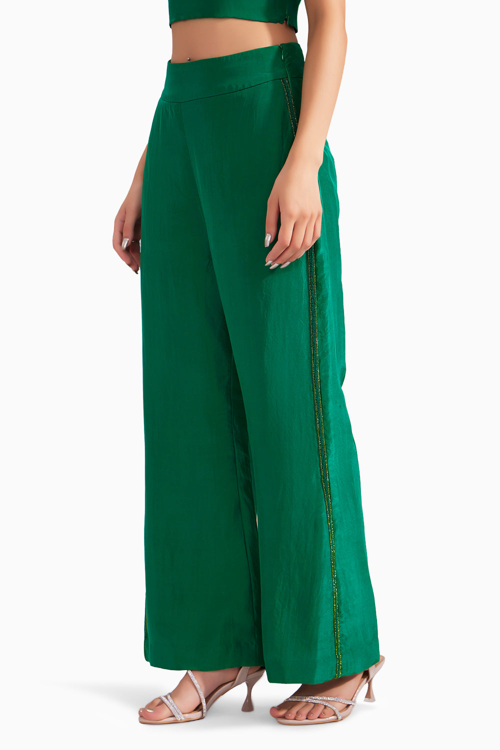 Hand Embroidered Emerald Green Flared Silk Pants