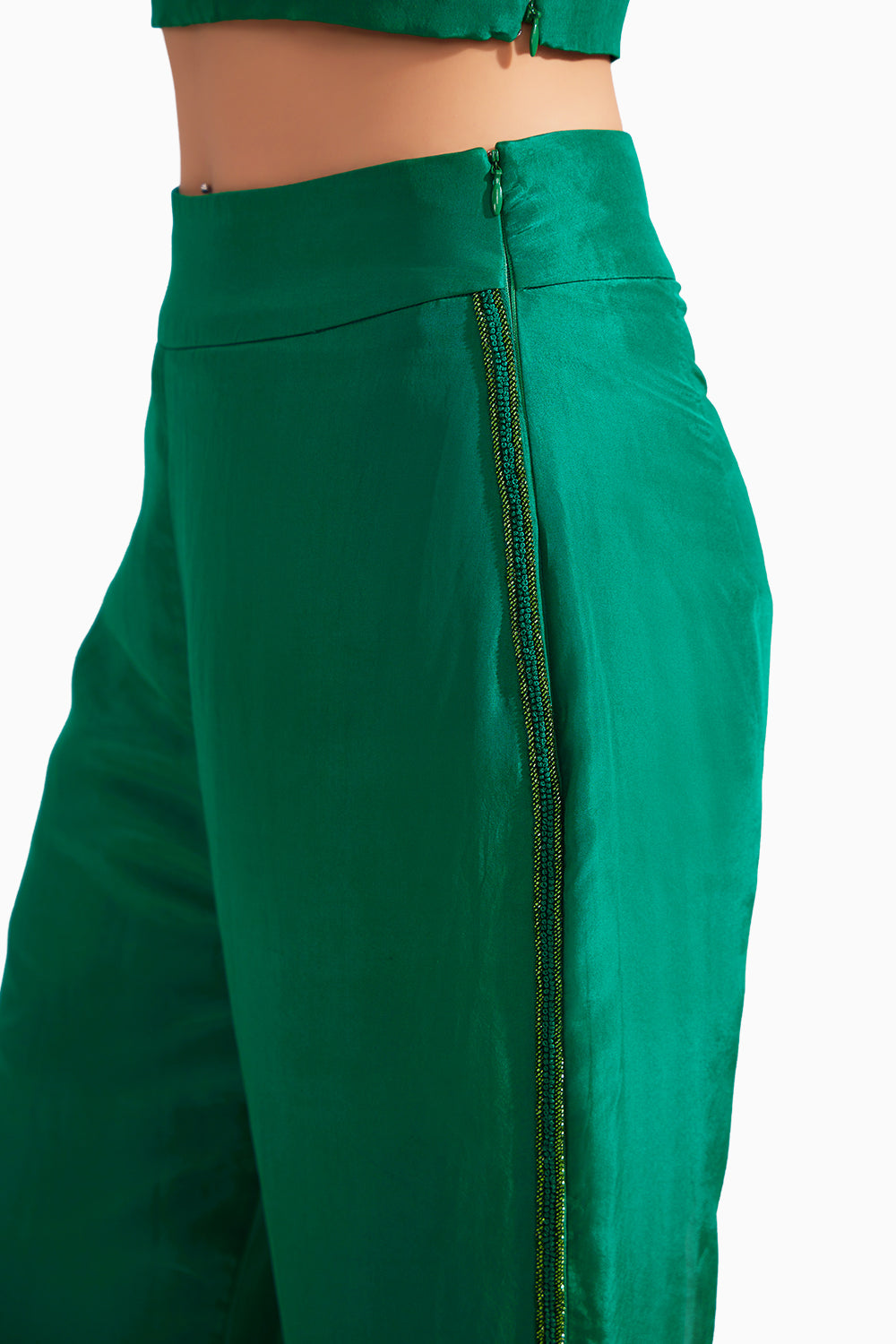 Hand Embroidered Emerald Green Flared Silk Pants