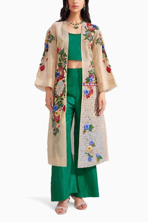 Golden Organza Embroidered Jacket & Emerald Green Silk Bustier and Flared Pant Set