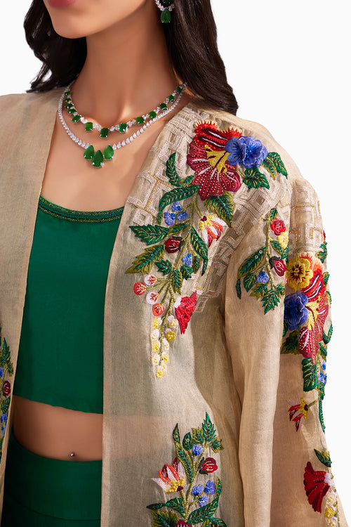 Golden Organza Embroidered Jacket & Emerald Green Silk Bustier and Flared Pant Set