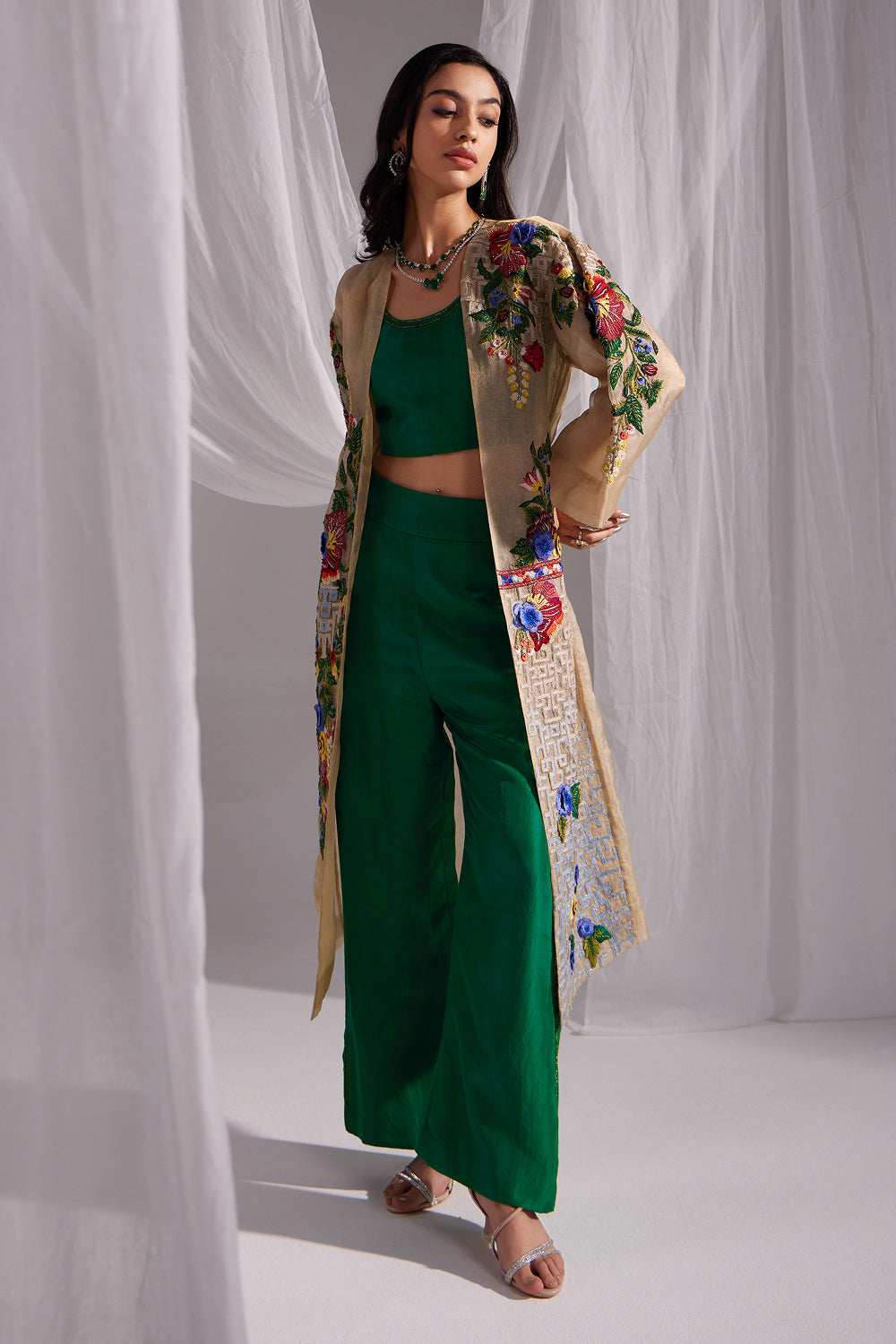 Golden Organza Embroidered Jacket & Emerald Green Silk Bustier and Flared Pant Set