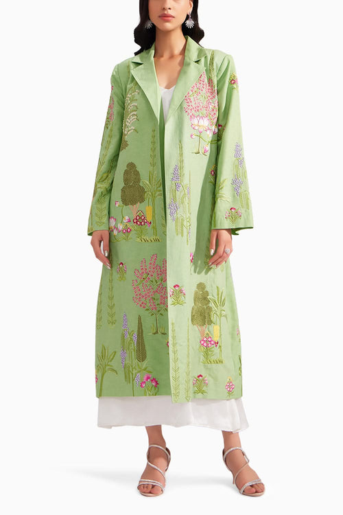 Green Linen Enchanted Garden Long Jacket
