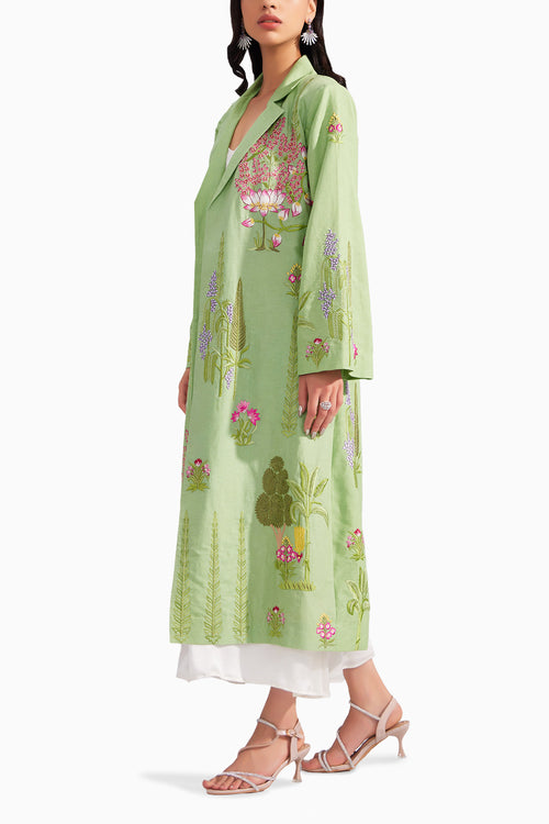 Green Linen Enchanted Garden Long Jacket & Pearl white silk dress