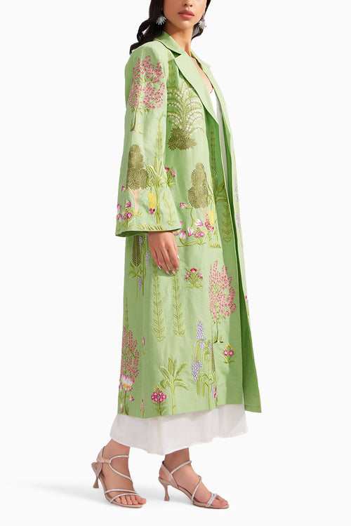 Green Linen Enchanted Garden Long Jacket
