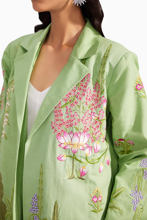 Green Linen Enchanted Garden Long Jacket & Pearl white silk dress