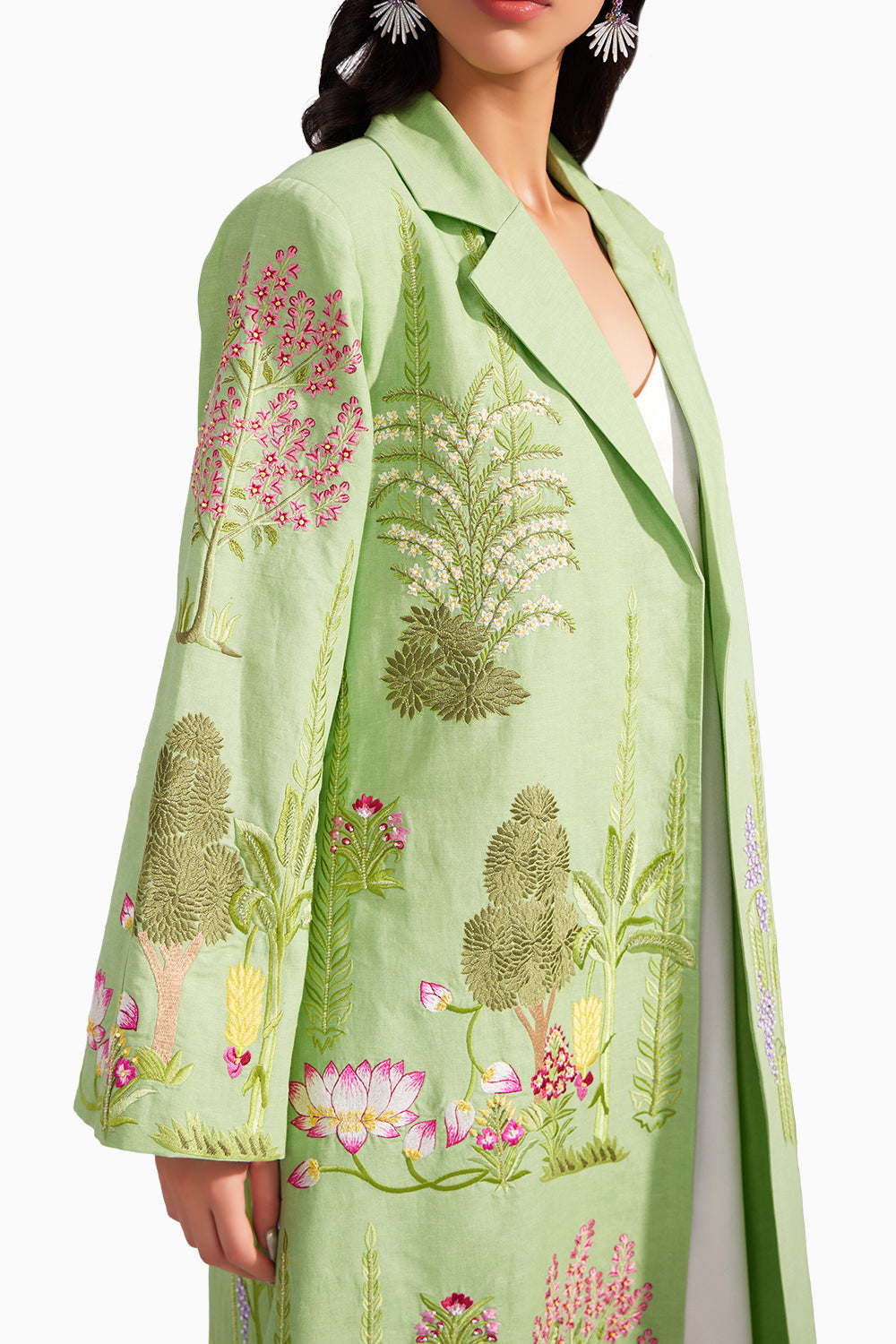 Green Linen Enchanted Garden Long Jacket