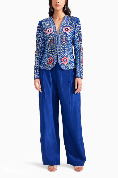 Royal Blue Gardenia Short Embroidered Silk Jacket & Royal blue pleated straight pants