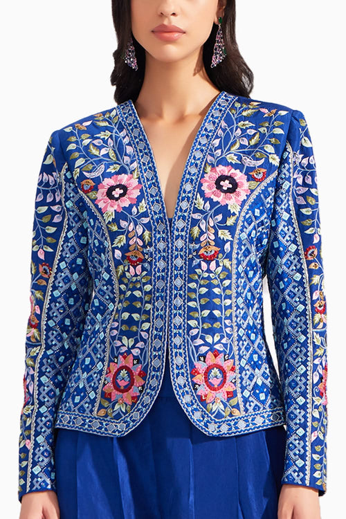 Royal Blue Gardenia Short Embroidered Silk Jacket