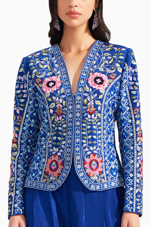 Royal Blue Gardenia Short Embroidered Silk Jacket & Royal blue pleated straight pants