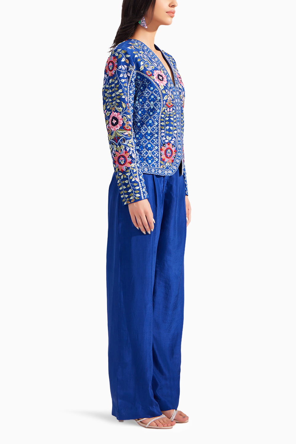 Royal Blue Gardenia Short Embroidered Silk Jacket & Royal blue pleated straight pants