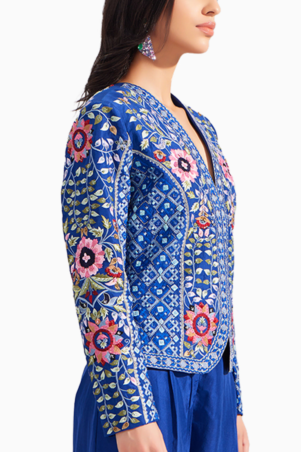 Royal Blue Gardenia Short Embroidered Silk Jacket