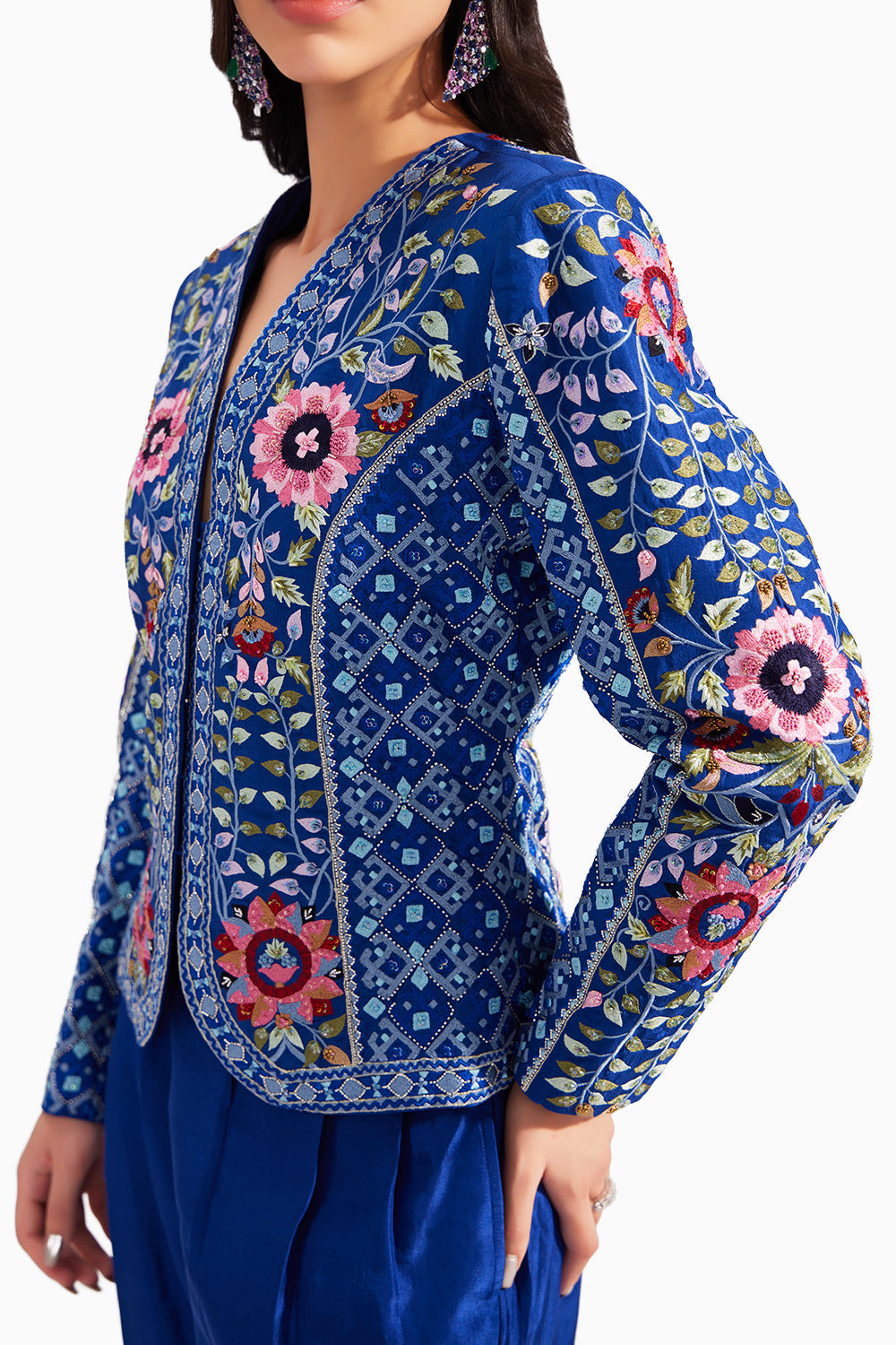 Royal Blue Gardenia Short Embroidered Silk Jacket