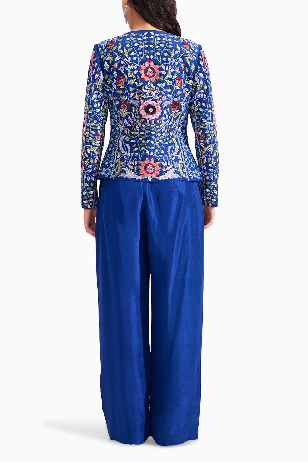 Royal Blue Gardenia Short Embroidered Silk Jacket & Royal blue pleated straight pants