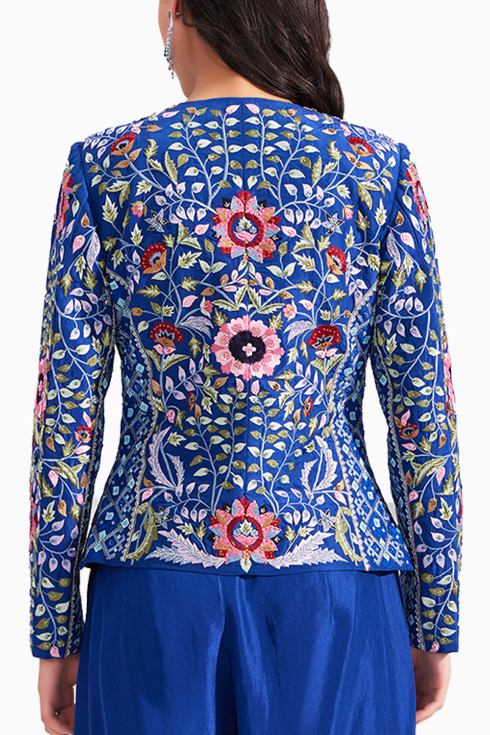 Royal Blue Gardenia Short Embroidered Silk Jacket