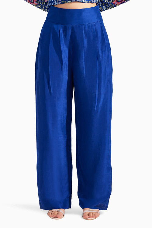 Royal Blue Pleated Straight Silk Pants