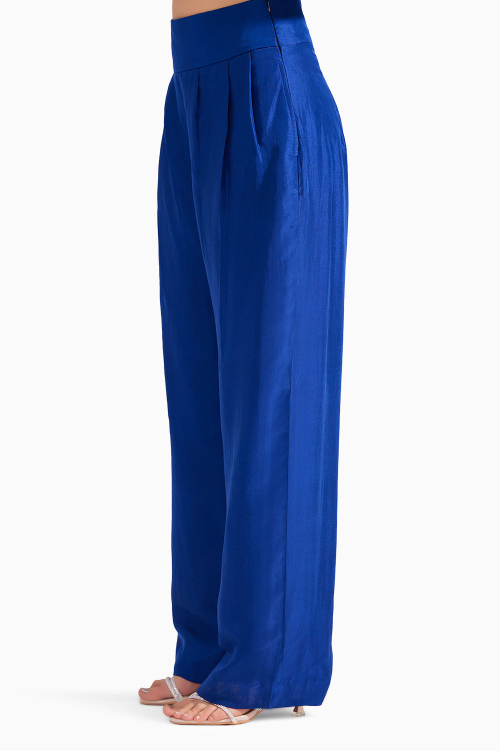 Royal Blue Pleated Straight Silk Pants