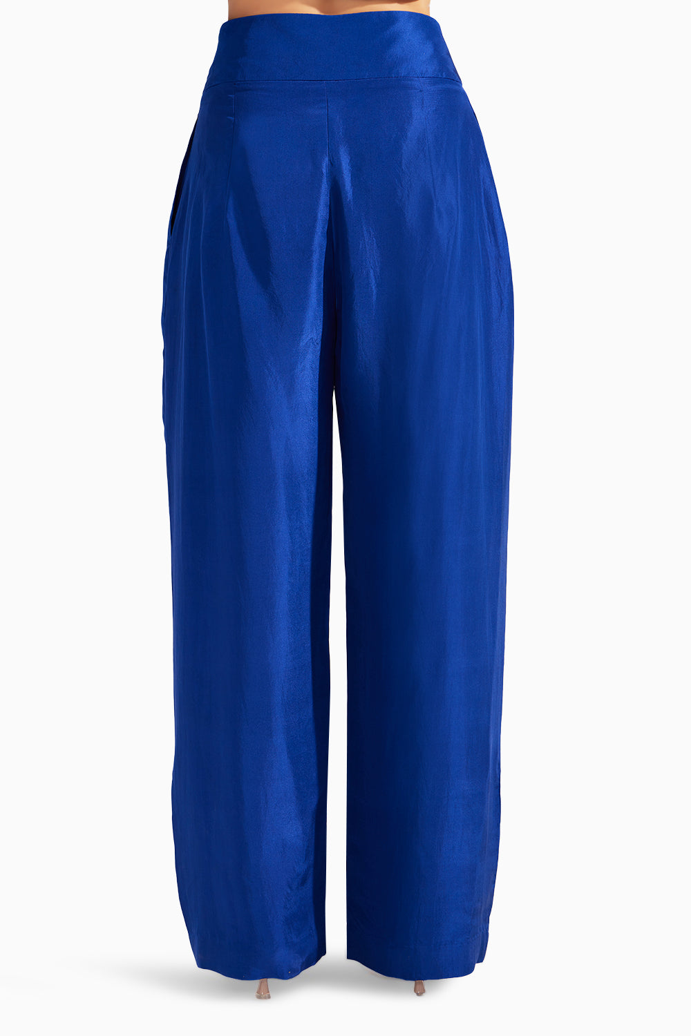 Royal Blue Pleated Straight Silk Pants