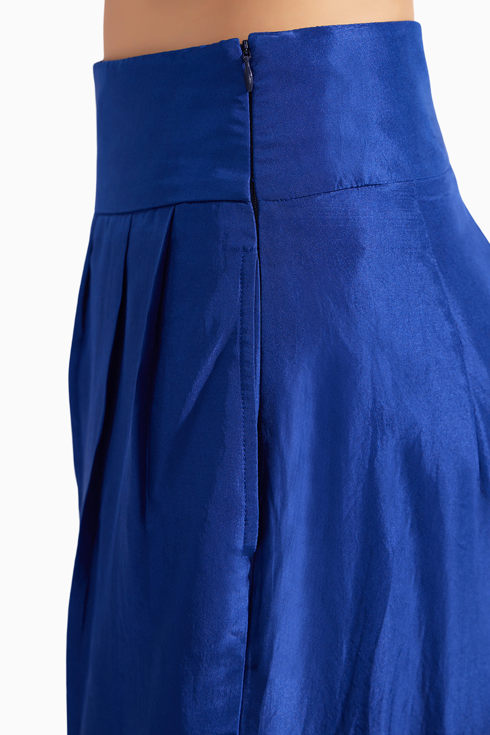 Royal Blue Pleated Straight Silk Pants