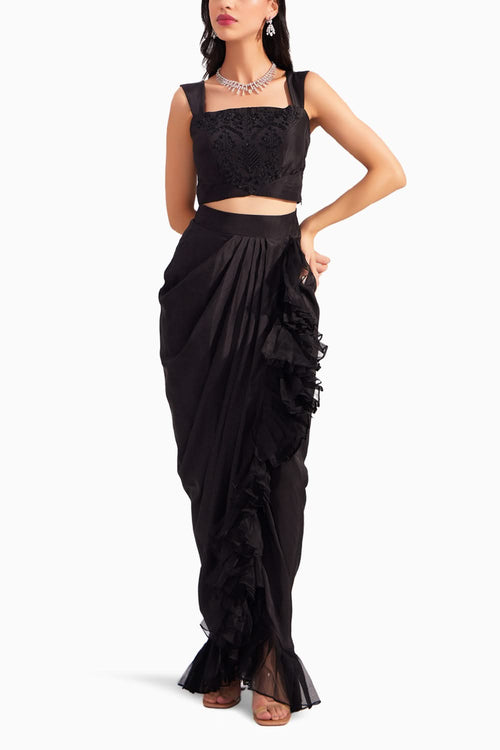Black embroidered silk bustier & Black silk ruffle draped skirt