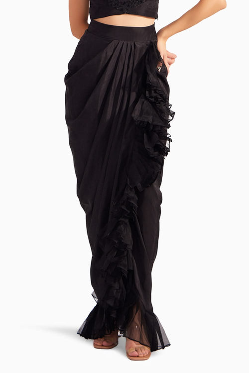 Black Silk Ruffle Draped Skirt