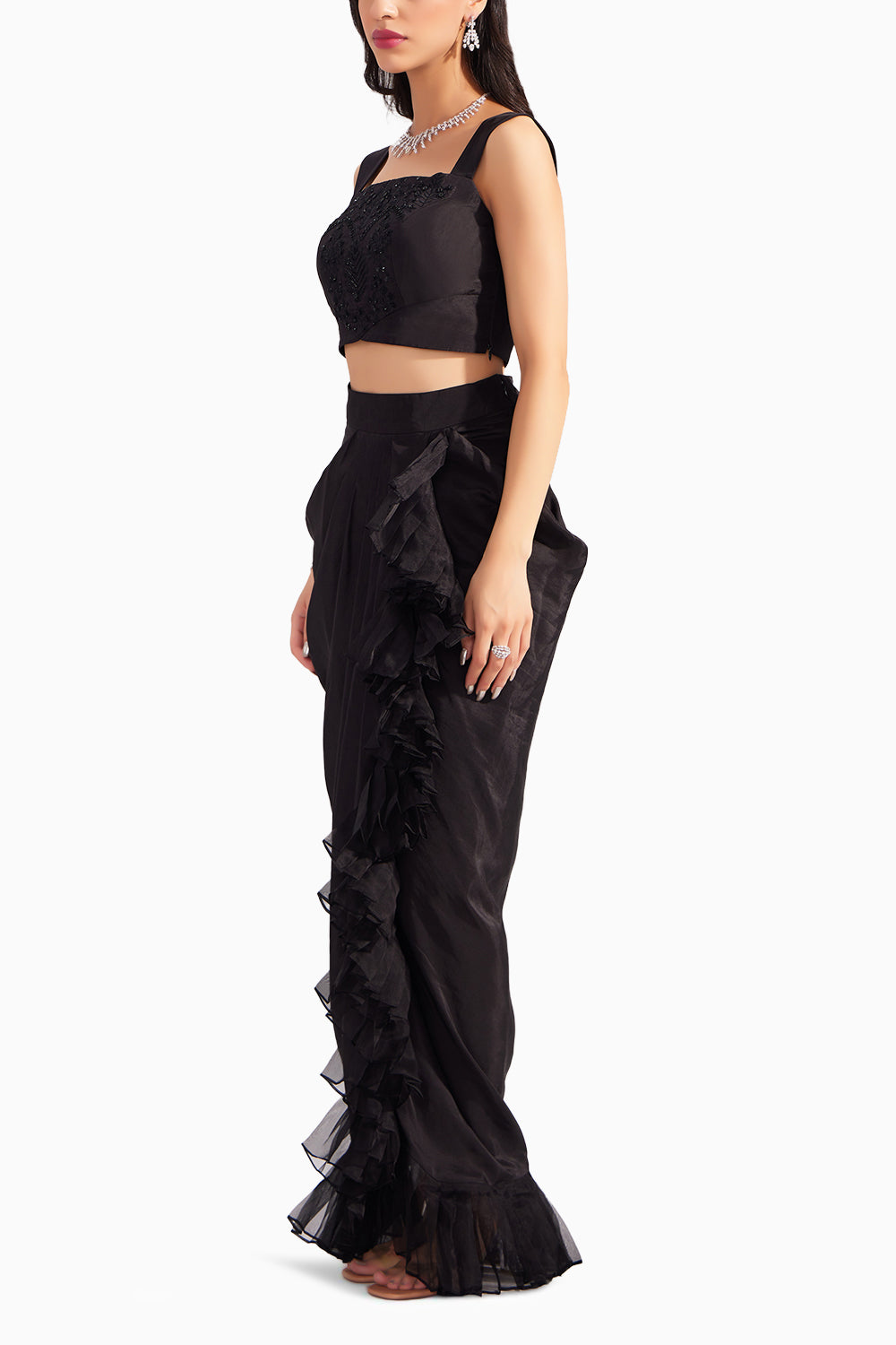 Black embroidered silk bustier & Black silk ruffle draped skirt