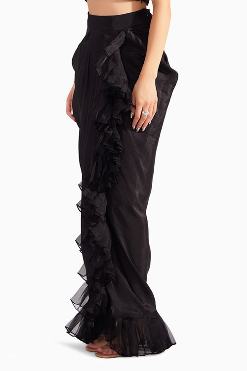 Black Silk Ruffle Draped Skirt