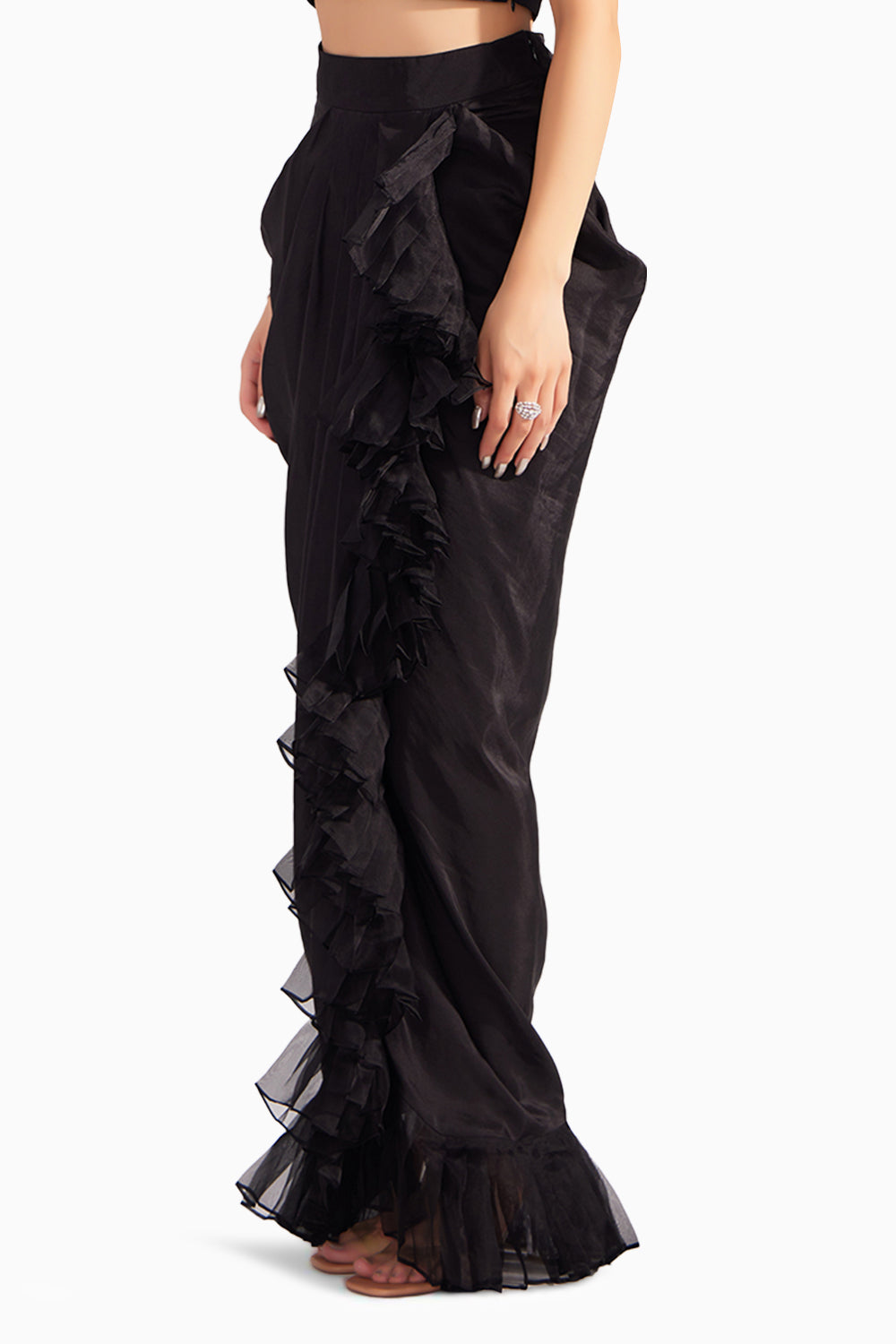 Black Silk Ruffle Draped Skirt