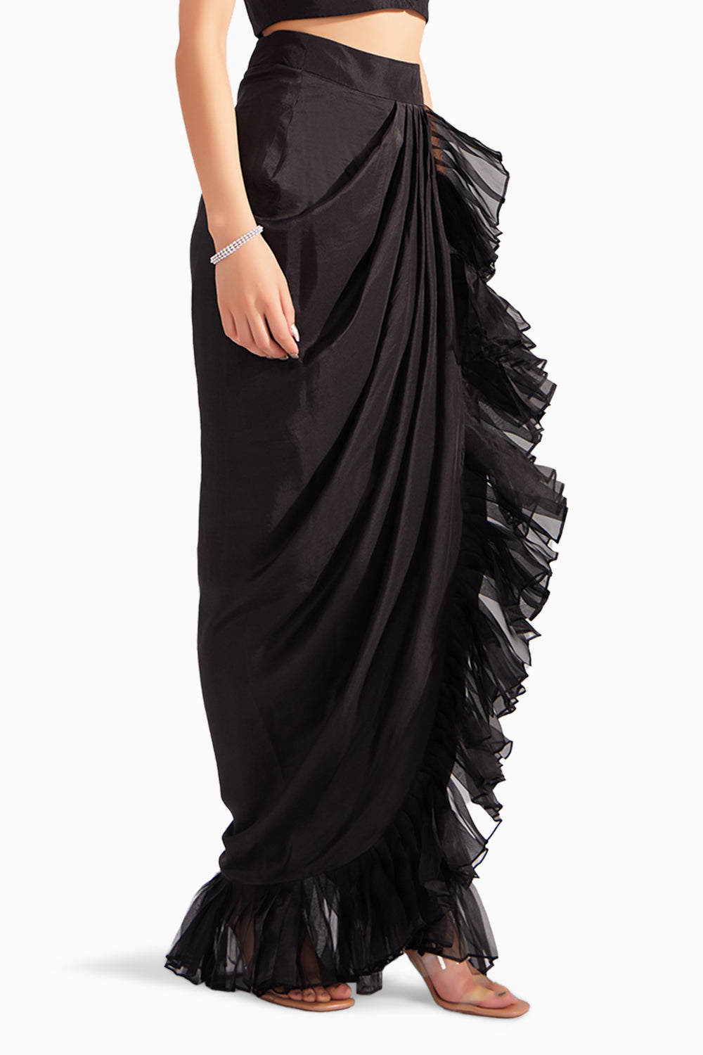 Black Silk Ruffle Draped Skirt