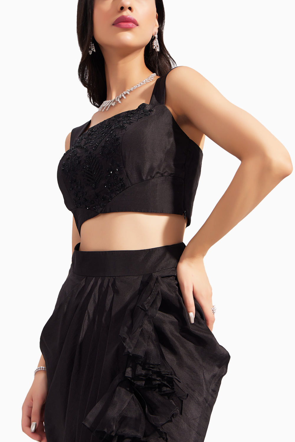 Black embroidered silk bustier & Black silk ruffle draped skirt