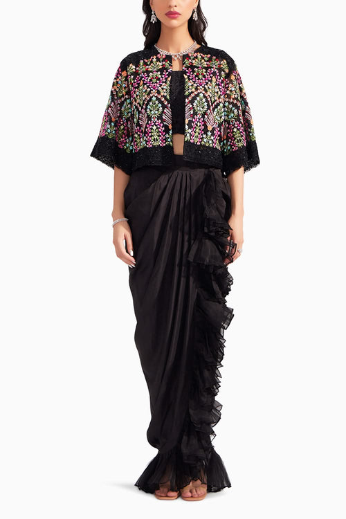 Black organza Mughal Embroidered Jacket & Black embroidered silk bustier and Black silk ruffle draped skirt