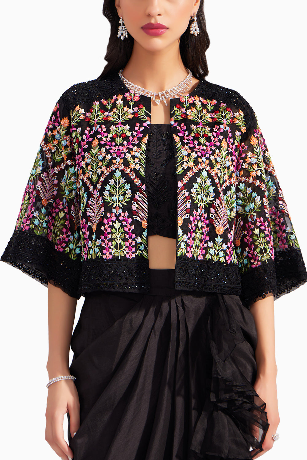 Black organza Mughal Embroidered Jacket & Black embroidered silk bustier and Black silk ruffle draped skirt