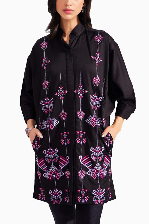 Black Cotton Embroidered Ornamental Shirt Dress