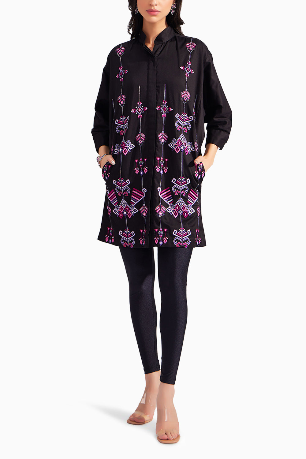 Black Cotton Embroidered Ornamental Shirt Dress