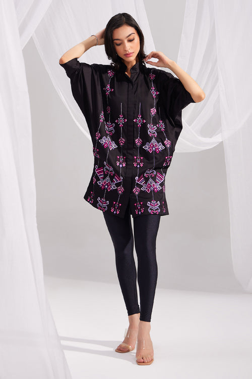 Black Cotton Embroidered Ornamental Shirt Dress